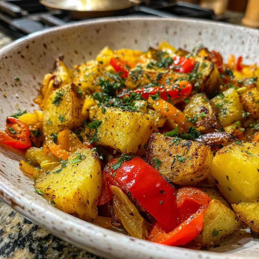 Mittagessen mit Kartoffel-Gemüse-Pfanne