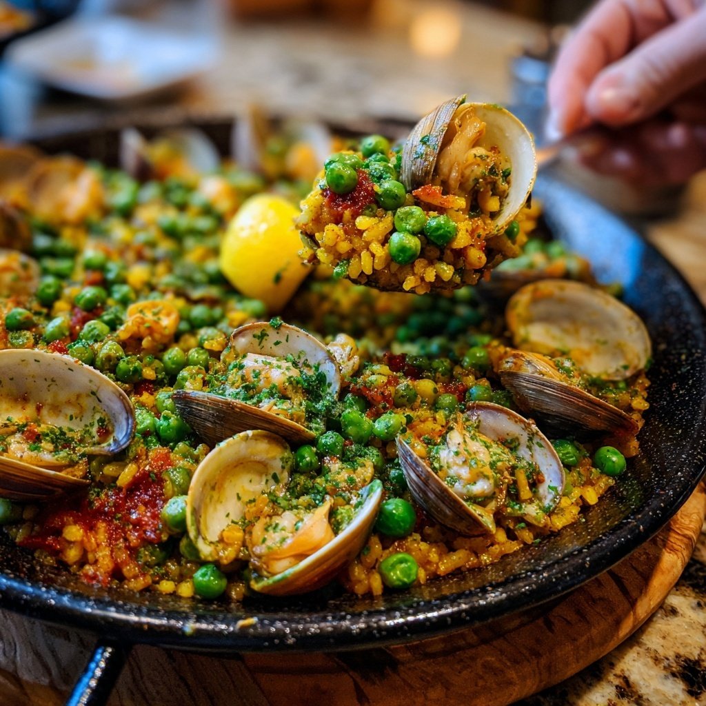 Paella mit Erbsen und Zitrone
