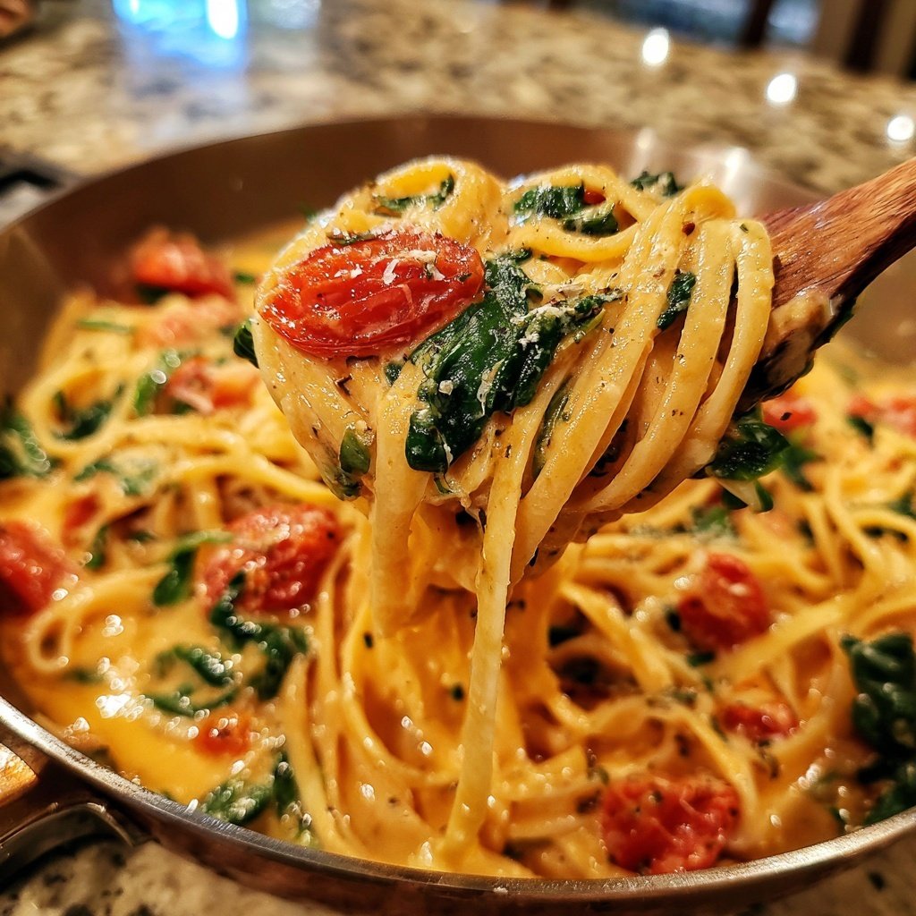 One-Pot Pasta mit Tomaten & Spinat